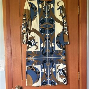 J. McLaughlin Elegant Blue and Tan Patterned Dress